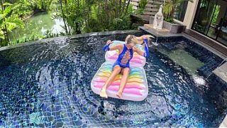 Skinny Blonde Amateur In Lingerie Gives Head By The Outdoor Pool